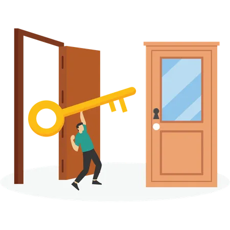 Businessman Holding Big Key Between An Open Door And A Closed  Illustration