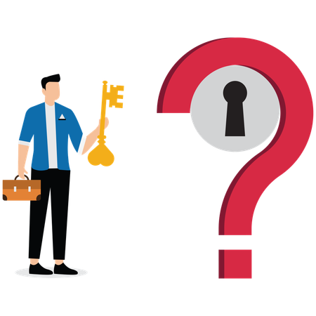 Businessman holding big key to unlock keyhole on question mark sign  Illustration