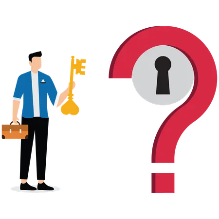 Businessman holding big key to unlock keyhole on question mark sign  Illustration
