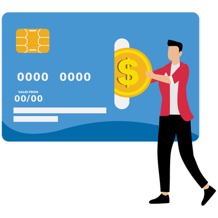 Businessman holding big money coin with credit card  Illustration