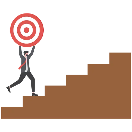 Businessman holding big target and walking up the stairs  イラスト