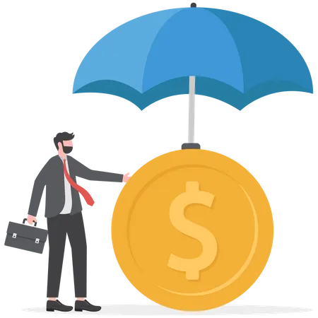 Businessman holding big umbrella covered dollar money  Illustration