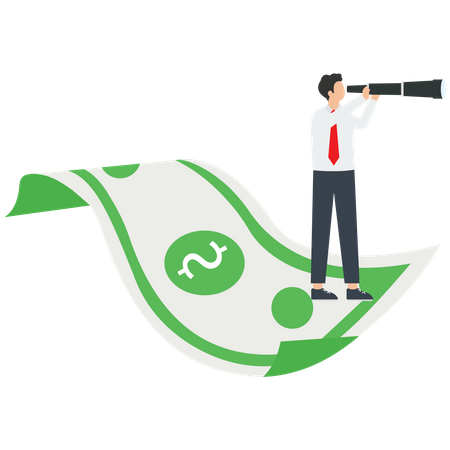 Businessman holding binoculars standing on floating money  Illustration