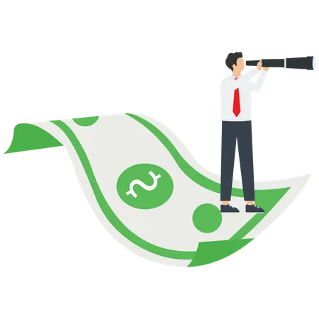 Businessman holding binoculars standing on floating money  Illustration
