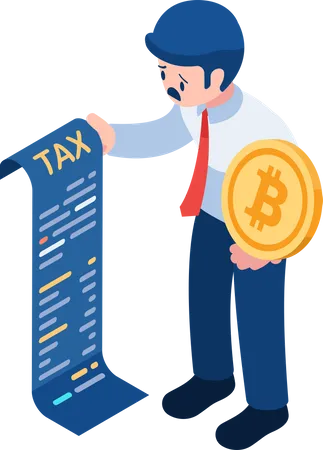 Flat 3 D Isometric Businessman Holding Bitcoin And Tax Document Cryptocurrency Tax Payment Concept Illustration