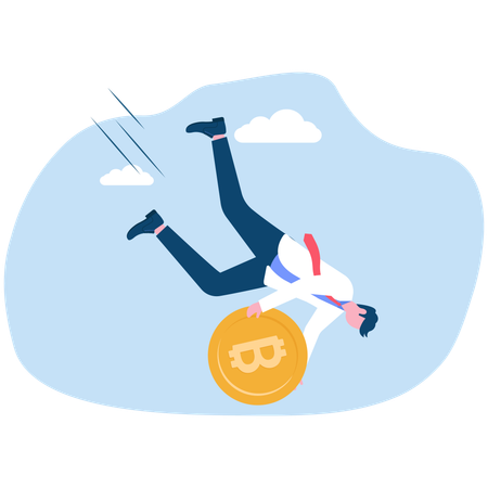 Businessman holding bitcoin falling down hill  Illustration