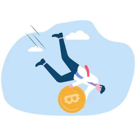 Businessman holding bitcoin falling down hill  Illustration