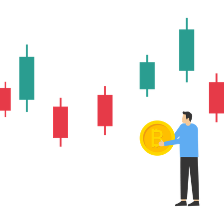 Businessman holding bitcoin in front of rising chart  Illustration