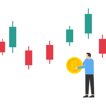 Businessman holding bitcoin in front of rising chart  Illustration