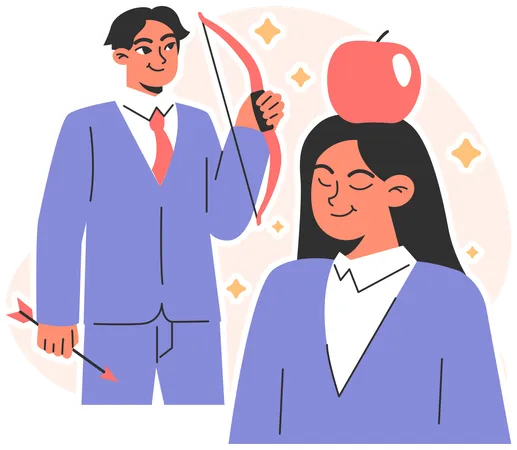 Businessman holding bow and arrow while shooting apple  イラスト