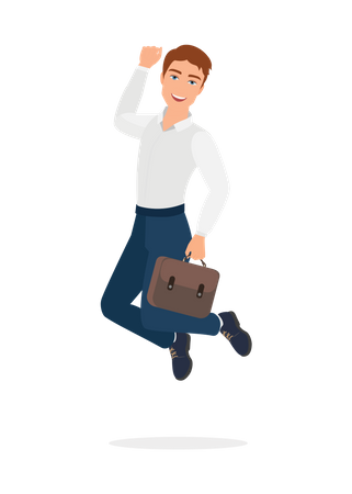 Businessman holding briefcase and jumping in air  Illustration