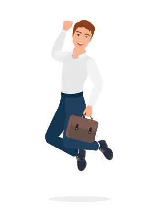 Businessman holding briefcase and jumping in air  Illustration