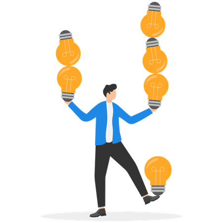 Businessman holding bulbs while getting business idea  Illustration
