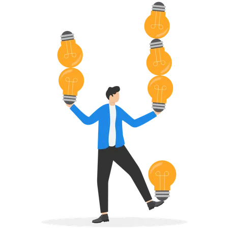 Businessman holding bulbs while getting business idea  Illustration