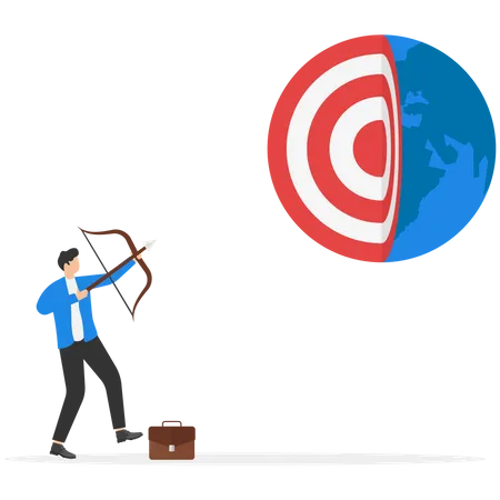 Businessman holding bullseye target bow and arrow to win in business global strategy  Illustration