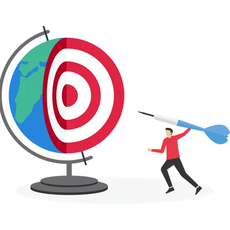 Businessman holding bullseye target bow and arrow to win in business global strategy  Illustration