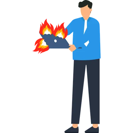 Businessman Holding Burning Laptop  Illustration