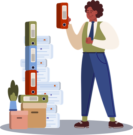 Businessman holding business file from files stack  イラスト