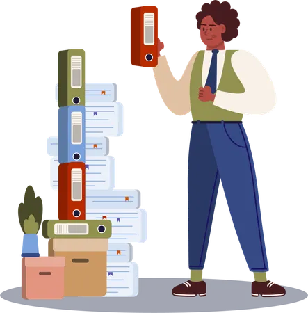 Businessman holding business file from files stack  Illustration