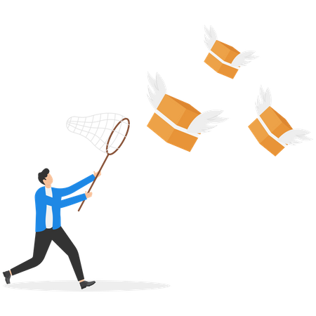 Businessman holding butterfly net catch cardboard box  Illustration