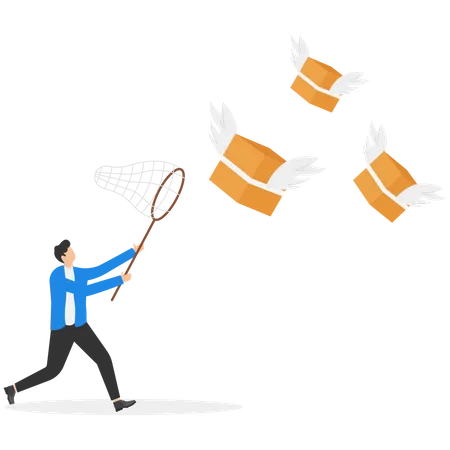 Businessman holding butterfly net catch cardboard box  Illustration