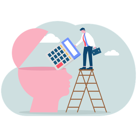 Businessman holding calculator climbing ladder on big head  Illustration