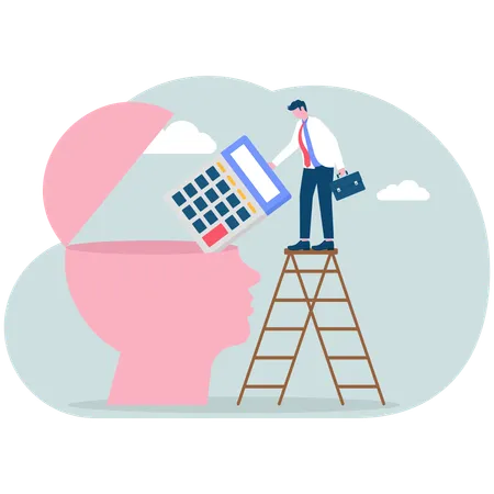 Businessman holding calculator climbing ladder on big head  Illustration