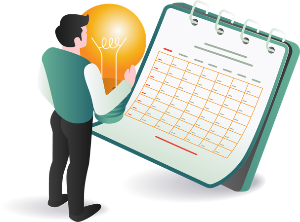 Businessman holding calendarnd light bulb, symbolizing planning and creativity  Illustration