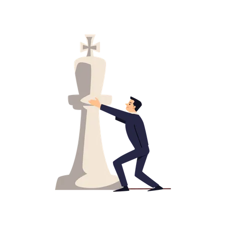 Man Holding Chess Piece King Vector Flat Illustration A Man Thinks Strategically A Businessman A Leader Is Working On A Concept Man Pushing Chess Illustration