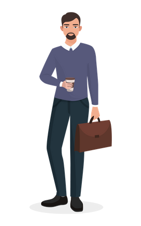 Businessman holding coffee cup and office bag  Illustration