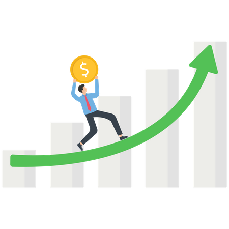 Businessman holding coin and climbing on growth chart  Illustration
