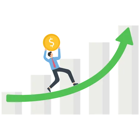 Businessman holding coin and climbing on growth chart  Illustration