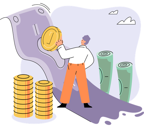 Businessman holding coins and bills stands at cash flow  Illustration