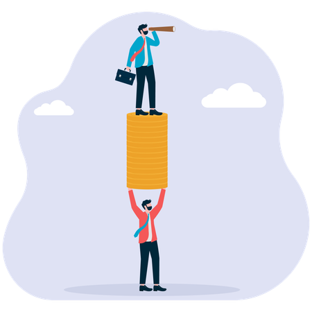 Businessman holding coins stack while man standing on coins while find business vision  Illustration