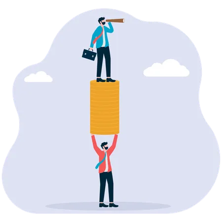 Businessman holding coins stack while man standing on coins while find business vision  Illustration