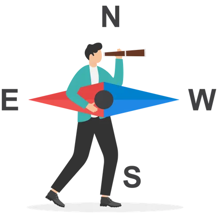 Businessman holding compass and finding direction  Illustration