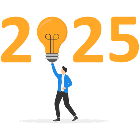 Businessman holding creative light bulb idea with 2025 word  Illustration