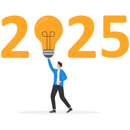 Businessman holding creative light bulb idea with 2025 word  Illustration