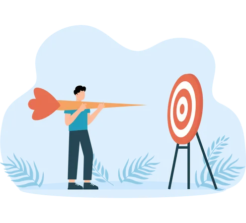 Businessman holding dart jumping right to dartboard bullseye  Illustration
