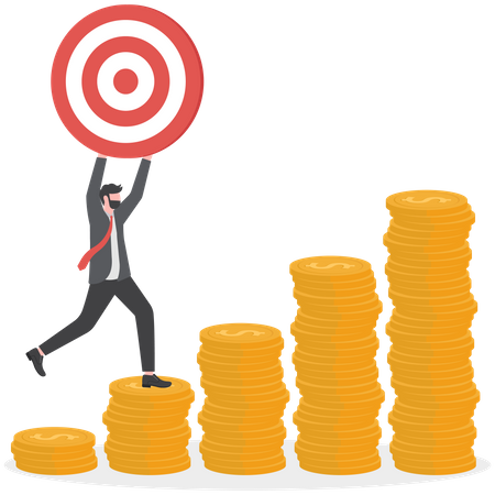 Businessman Holding Dashboard And Walking On Coins Stack  Illustration