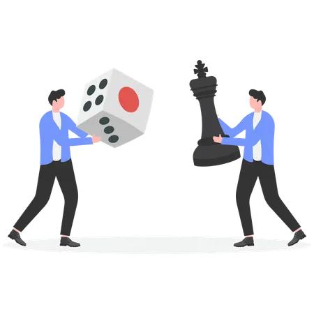 Businessman holding dices and other holding knight chess piece  Illustration