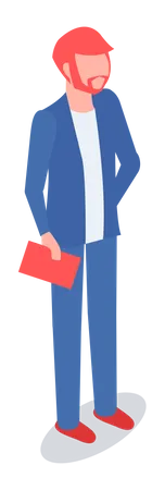 Pensive Employee Or Businessman Holding Document Bearded Male Character Carrying Papers Portrair Of Adult Isolated Modern Man In Casual Clothes Stands At Full Height Guy With Sheet Of Paper In Hand Illustration