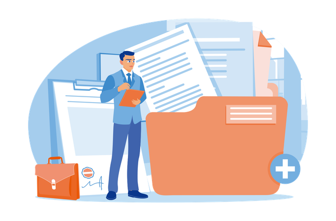Businessman Holding Document On Clipboard and Save Files In Main Folders  Illustration
