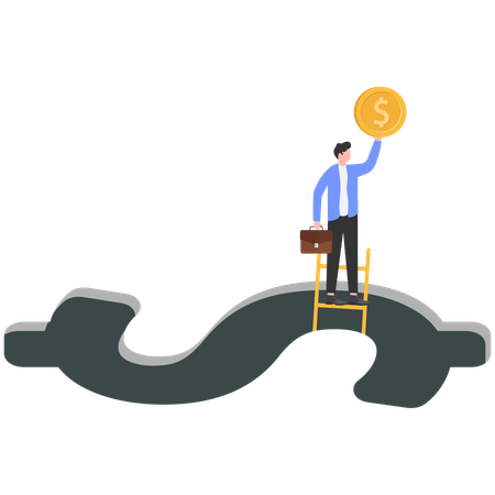 Businessman holding dollar coin and climbing out of dollar mark  Illustration