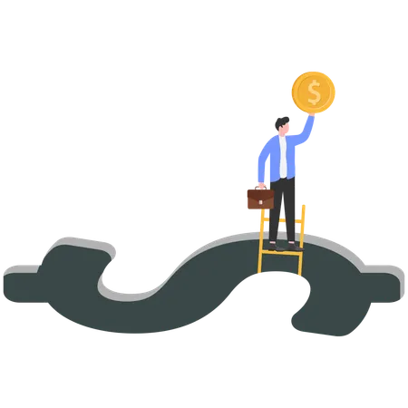 Businessman holding dollar coin and climbing out of dollar mark  Illustration