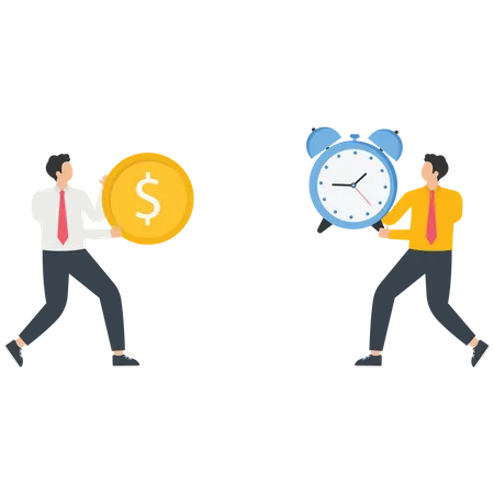 Businessman holding dollar coin and clock  Illustration