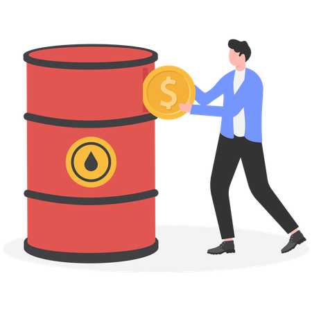 Businessman holding dollar coin while investing money in oil  Illustration