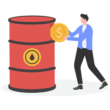 Businessman holding dollar coin while investing money in oil  Illustration