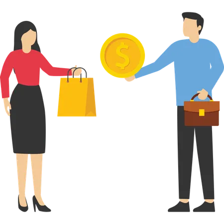 Businessman holding dollar coin while woman holding shopping bag  Illustration