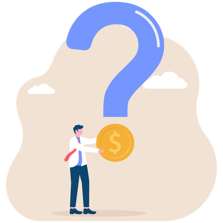 Businessman holding dollar coin with question mark  Illustration